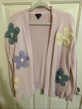torrid Pastel Pink Open Cardigan with Multi-Color Floral Appliqués